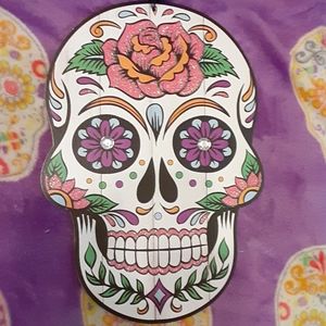 Sugar Skull wall art w/ pink glitter rose & flower